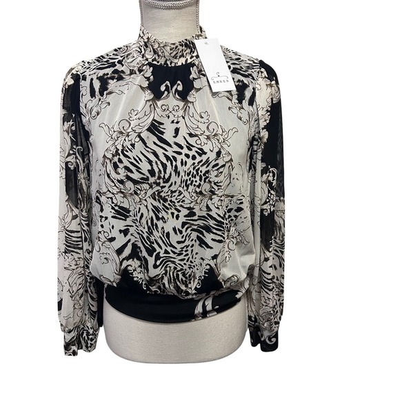 Ember Black White Blouse Feminine Tie Waist Long Sleeve Women's Large New Animal - Picture 1 of 11